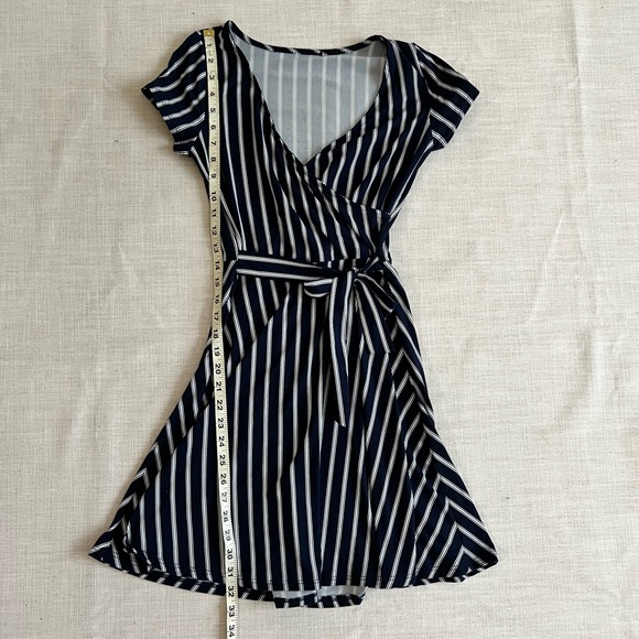 Flirty Faux Wrap Striped Dress Navy Blue and White - Picture 4 of 6